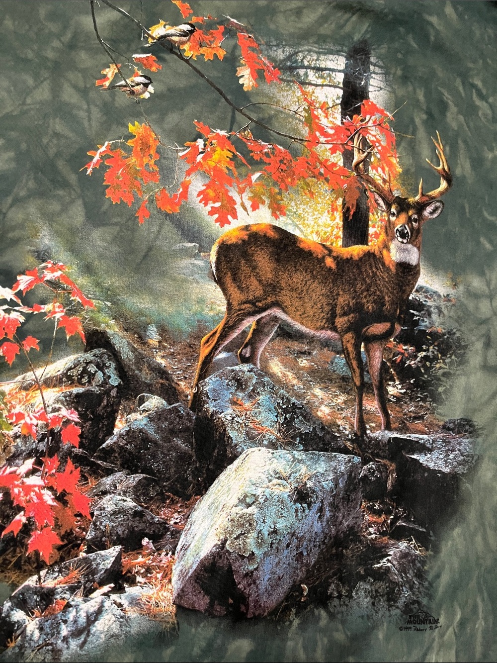 Vtg 90s THE MOUNTAIN Dark Green Tye Dye DEER Buck In Woods Fall Shirt XXL Y2K